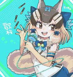 Rule 34 | 1girl, absurdres, animal costume, animal ear fluff, animal ears, bad id, bad twitter id, bow, bowtie, brown eyes, brown hair, chipmunk costume, chipmunk ears, chipmunk girl, chipmunk tail, elbow gloves, extra ears, gloves, highres, kanmoku-san, kemono friends, kemono friends v project, microphone, multicolored hair, open mouth, ribbon, scarf, shirt, short hair, shorts, siberian chipmunk (kemono friends), simple background, sleeveless, sleeveless shirt, solo, tail, vest, virtual youtuber