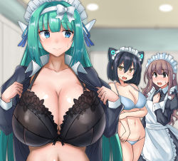 Rule 34 | 3girls, bikini, black eyes, black hair, blue eyes, bow, breast envy, breasts, brown hair, cleavage, green hair, hair bow, highres, huge breasts, large breasts, long hair, maid, maid headdress, multiple girls, open clothes, open shirt, original, short hair, small breasts, swimsuit, y-0 (x1 noship), yellow eyes