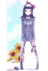 Rule 34 | 1girl, black eyes, black hair, choker, highres, kowiru, long hair, original, oversized clothes, revision, shoes, smile, solo, standing, striped clothes, striped thighhighs, thighhighs, unworn shoes