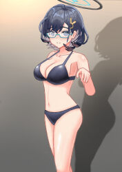 1girl alternate_costume aqua-framed_eyewear bikini black_bikini black_eyes black_hair blue_archive blue_halo breasts chihiro_(blue_archive) cleavage cowboy_shot glasses hair_ornament halo large_breasts looking_at_viewer navel rabbit_hair_ornament semi-rimless_eyewear shadow short_hair solo standing stomach swimsuit yadano_kagami