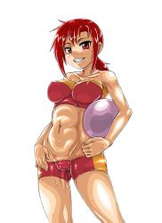 Rule 34 | 10s, 1girl, abs, bare shoulders, bikini, blush, breasts, cameltoe, covered erect nipples, female focus, grin, hair ornament, hairclip, highres, hino akane (smile precure!), impossible clothes, kitsune-tsuki (getter), large breasts, long hair, lowleg, lowleg shorts, navel, nipples, ponytail, precure, red eyes, red hair, shorts, simple background, skin tight, smile, smile precure!, solo, standing, strapless, sweat, swimsuit, teeth, tube top, white background