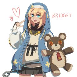 Rule 34 | 1boy, androgyne symbol, black gloves, blonde hair, bridget (guilty gear), character name, cuffs, fingerless gloves, gloves, green eyes, grey skirt, guilty gear, guilty gear strive, habit, handcuffs, hood, hood up, hooded jacket, hoodie, jacket, long sleeves, looking at viewer, male focus, medium hair, open clothes, open hoodie, open mouth, pleated skirt, puffy long sleeves, puffy sleeves, roger (guilty gear), skirt, smile, stuffed animal, stuffed toy, teddy bear, tondabayashi koori, trap