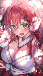 Rule 34 | 1girl, breasts, cleavage, detached sleeves, green eyes, hololive, japanese clothes, large breasts, miko, open mouth, pink hair, redcomet, sakura miko, smile, solo, virtual youtuber