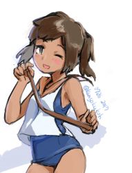 Rule 34 | 1girl, armpit peek, armpits, blush, brown eyes, brown hair, commentary request, dated, i-401 (kancolle), kangoku kou, kantai collection, one-hour drawing challenge, one-piece swimsuit, one eye closed, sailor collar, school swimsuit, short hair, smile, solo, standing, swimsuit, swimsuit under clothes, tan, twitter username