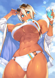 Rule 34 | 1girl, 23 (real xxiii), abs, bikini, blonde hair, blue eyes, blue hawaii, blue sky, blush, bracelet, breasts, cameltoe, cloud, cloudy sky, covered erect nipples, cowboy shot, cup, dark-skinned female, dark skin, day, drinking straw, eyewear on head, fingernails, from below, glass, highres, holding, holding cup, huge breasts, jacket, jewelry, looking at viewer, looking down, muscular, muscular female, navel, off shoulder, open clothes, open jacket, original, outdoors, sela (23), short hair, sky, solo, strapless, sunglasses, sunlight, sweat, sweatdrop, swimsuit, tank top, towel, tube top, underboob, wavy mouth, wristband
