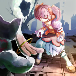 Rule 34 | 10s, fighting stance, from behind, gloves, kaname madoka, kyubey, magical girl, mahou shoujo madoka magica, mahou shoujo madoka magica (anime), pink eyes, pink hair, short hair, twintails, waaaaaaaaa, white gloves, witch&#039;s labyrinth