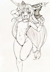 Rule 34 | 1girl, bare legs, barefoot, bow, breasts, collarbone, commentary request, competition swimsuit, covered navel, d-m (dii emu), fang, greyscale, hair bow, happy, horns, leg up, long hair, looking at viewer, monochrome, one-piece swimsuit, oni horns, open mouth, small breasts, standing, standing on one leg, swimsuit, touhou, traditional media, very long hair, wristband