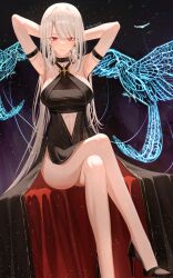 absurdres aged_up armpits arms_up axylon black_dress breasts cleavage cleavage_cutout clothing_cutout crossed_legs dress fate/grand_order fate_(series) highres illyasviel_von_einzbern large_breasts legs long_hair sitting tagme type-moon