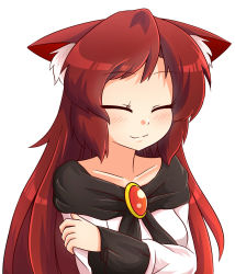 Rule 34 | 1girl, animal ears, brooch, brown hair, closed eyes, collarbone, crossed arms, facing away, imaizumi kagerou, jewelry, light smile, shawl, simple background, solo, touhou, white background, wolf ears, wool (miwol)