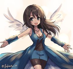 Rule 34 | 1girl, :d, angel wings, arm warmers, bare shoulders, bike shorts, black hair, blue skirt, breasts, cleavage, final fantasy, final fantasy viii, fujimaru (green sparrow), grey eyes, jewelry, looking at viewer, medium breasts, miniskirt, necklace, open mouth, outstretched arms, rinoa heartilly, shorts, shorts under skirt, skirt, smile, solo, straight hair, teeth, twitter username, white wings, wings