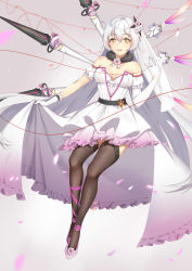 Rule 34 | 1girl, absurdres, asymmetrical gloves, bare shoulders, brown eyes, brown thighhighs, collarbone, commentary request, detached sleeves, dress, elbow gloves, flower, frilled dress, frills, full body, fur collar, gloves, grey background, hair between eyes, hair ribbon, hand up, highres, honkai (series), honkai impact 3rd, kiana kaslana, kiana kaslana (herrscher of the void), lace, lace-trimmed legwear, lace trim, leg ribbon, long hair, parted lips, petals, pink flower, pink footwear, puffy short sleeves, puffy sleeves, purple ribbon, ribbon, round teeth, shoes, short sleeves, simple background, single elbow glove, solo, strapless, strapless dress, teeth, thighhighs, uneven gloves, upper teeth only, very long hair, white dress, white gloves, white ribbon, yiyu qing mang