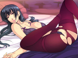 Rule 34 | 1girl, ass, bare arms, bare shoulders, bed, black hair, bra, breasts, censored, cleavage, clothing aside, groin, large breasts, legs, legs up, long hair, looking at viewer, lying, mosaic censoring, no shoes, on back, on bed, original, panties, panties aside, pantyhose, pillow, pink eyes, pussy, shiny skin, solo, thighs, torn clothes, torn pantyhose, underwear, yoko juusuke