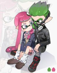 Rule 34 | 1boy, 1girl, black jacket, black pants, bow, bowtie, brown footwear, closed mouth, commentary request, eye contact, gas mask, green hair, grey eyes, hg swdiary, highres, inkling, inkling boy, inkling girl, inkling player character, jacket, korean commentary, leg warmers, long hair, looking at another, mask, nintendo, pants, pink bow, pink bowtie, pink eyes, pink hair, pointy ears, red footwear, shoes, short hair, sitting, splatoon (series), splatoon 3, tentacle hair, thick eyebrows, torn clothes, torn pants, two-tone footwear, zoom layer