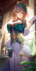 Rule 34 | 1girl, absurdres, artist name, backlighting, blue gemstone, book, bookshelf, braid, breasts, brown hair, closed mouth, cowboy shot, curtains, dress, gem, genshin impact, gold choker, gold trim, green dress, green eyes, green hat, hair between eyes, hair over shoulder, hat, highres, holding, holding book, indoors, jewelry, large breasts, light rays, lightria, lisa (a sobriquet under shade) (genshin impact), lisa (genshin impact), long sleeves, medium hair, neck ring, necklace, official alternate costume, open book, pelvic curtain, plant, puffy long sleeves, puffy sleeves, sidelocks, skirt, smile, solo, thighlet, thighs, twin braids, twitter username, vision (genshin impact), white skirt, window