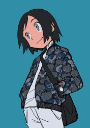 Rule 34 | 1boy, alternate costume, aqua background, bag, black bag, black hair, bracelet, calem (pokemon), character print, closed mouth, commentary, cowboy shot, creatures (company), elizabeth (tomas21), espurr, game freak, gen 6 pokemon, grey eyes, hand in pocket, highres, jacket, jewelry, male focus, meowstic, meowstic (female), meowstic (male), nintendo, open clothes, open jacket, pants, pokemon, pokemon xy, shirt, short hair, shoulder bag, simple background, smile, solo, white pants, white shirt