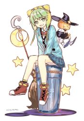 Rule 34 | 1girl, absurdres, animal hat, aqua cardigan, artist name, asayama, atelier (series), atelier shallie, bad id, bad pixiv id, between legs, broom, cardigan, cat hat, collared shirt, commentary request, crescent, full body, green eyes, green hair, grin, hair between eyes, hand between legs, hat, head tilt, highres, holding, holding wand, jack-o&#039;-lantern, looking at viewer, pleated skirt, red footwear, red neckwear, shallotte elminus, shirt, shoes, sitting, sketch, skirt, smile, solo, star (symbol), star wand, v-shaped eyebrows, wand, white background, white shirt, wing collar, witch hat