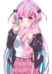 Rule 34 | 1girl, absurdres, anchor print, black bow, black jacket, blazer, blue hair, blunt bangs, blush, bow, braid, colored inner hair, ekaki mato, enpera, hair bow, hands up, highres, hololive, jacket, long hair, long sleeves, looking at viewer, minato aqua, minato aqua (school uniform), multicolored hair, open clothes, open jacket, open mouth, pink scarf, pink skirt, plaid, plaid skirt, pleated skirt, purple eyes, purple hair, scarf, school uniform, shirt, simple background, skirt, solo, streaked hair, two side up, upper body, very long hair, virtual youtuber, white background, white shirt