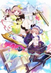 Rule 34 | 2girls, atelier (series), atelier lydie &amp; suelle, blush, boots, bow, castle, fingerless gloves, full body, gloves, gun, hair ornament, hairband, hat, long hair, lydie marlen, multicolored hair, multiple girls, noco (adamas), official art, open mouth, pink eyes, pink hair, ponytail, purple hair, siblings, simple background, sisters, smile, sparkle, staff, suelle marlen, thighhighs, twins, two-tone hair, weapon, yuugen