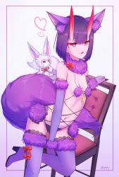 Rule 34 | 1girl, absurdres, animal ears, bare shoulders, blush, bob cut, bow, breasts, chair, cleavage, cosplay, elbow gloves, eyeliner, fate/grand order, fate (series), fou (fate), fur-trimmed gloves, fur-trimmed legwear, fur collar, fur trim, gloves, heart, highres, horns, lace, lace-trimmed legwear, lace trim, licking lips, looking at viewer, makeup, mash kyrielight, mash kyrielight (dangerous beast), mash kyrielight (dangerous beast) (cosplay), navel, o-ring, official alternate costume, oni, purple eyes, purple gloves, purple hair, purple legwear, revealing clothes, sawarineko, short eyebrows, short hair, shuten douji (fate), skin-covered horns, small breasts, smile, solo, tail, thighs, tongue, tongue out, wolf ears, wolf tail