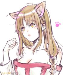 Rule 34 | 1girl, animal ears, arc the lad, arc the lad ii, bare shoulders, blush, braid, breasts, brown eyes, brown hair, cat ears, cleavage, closed mouth, collarbone, dress, lieza (arc the lad), long hair, medium breasts, paw pose, simple background, single braid, solo, stripe335, very long hair, white background