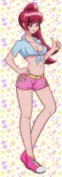 Rule 34 | 1girl, absurdres, aged up, aino megumi, bare legs, bebii, belt, belt buckle, breasts, buckle, cleavage, collarbone, full body, hand on own hip, happinesscharge precure!, high ponytail, highres, long hair, looking at viewer, midriff, navel, no bra, pink footwear, pink shorts, precure, red eyes, red hair, short shorts, shorts, side ponytail, small breasts, solo, standing, stomach, very long hair, yellow belt