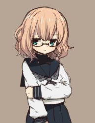 Rule 34 | 1girl, blue eyes, brown background, brown hair, eyebrows, glasses, highres, holding own arm, long sleeves, looking away, looking to the side, original, school uniform, simple background, skirt, solo, tadashi (tadashi1013), turtleneck, upper body