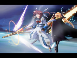 Rule 34 | 00s, 2girls, arm belt, bardiche (nanoha), bardiche (zanber form) (nanoha), battle, blonde hair, bow, burnt clothes, cape, electricity, energy sword, energy wings, fate testarossa, fate testarossa (lightning form), fingerless gloves, flying, gloves, hayakawa harui, letterboxed, lyrical nanoha, magazine (weapon), magical girl, mahou shoujo lyrical nanoha, mahou shoujo lyrical nanoha a&#039;s, multiple girls, one eye closed, raising heart, raising heart (exelion mode), red bow, red hair, shoes, sword, takamachi nanoha, takamachi nanoha (sacred mode), thighhighs, torn clothes, twintails, weapon, wince, winged footwear, wings