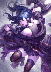 Rule 34 | 1girl, arina nary, bare shoulders, black dress, black hair, black thighhighs, blue eyes, choker, dress, final fantasy, final fantasy xiv, fishnet thighhighs, fishnets, gaia (ff14), hammer, high heels, highres, holding, holding weapon, lips, long hair, long sleeves, looking at viewer, parted lips, red lips, solo, thighhighs, weapon