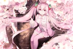 Rule 34 | 1girl, absurdres, bare shoulders, cherry blossoms, cherry hair ornament, chiutake mina, commentary, detached sleeves, feet out of frame, flower, food-themed hair ornament, hair between eyes, hair ornament, hanami, hatsune miku, highres, in tree, long hair, looking at viewer, miniskirt, necktie, open mouth, outstretched hand, petals, pink eyes, pink flower, pink hair, pink neckwear, pink skirt, pink sleeves, pink thighhighs, pleated skirt, reaching, reaching towards viewer, sakura miku, shirt, sitting, sitting in tree, skirt, sleeveless, sleeveless shirt, thighhighs, tree, twintails, very long hair, vocaloid, white shirt, zettai ryouiki