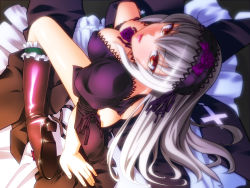 Rule 34 | 00s, 1girl, ass, boots, bottomless, breasts, cleavage, dress, farge, flower, gothic lolita, hairband, highres, lips, lolita fashion, long hair, no bra, no panties, red eyes, rose, rozen maiden, silver hair, solo, suigintou