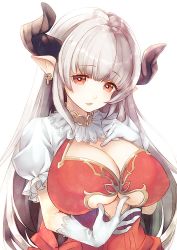 Rule 34 | 10s, 1girl, alicia (granblue fantasy), blush, breasts, center opening, cleavage, cleavage cutout, clothing cutout, draph, dress, earrings, gloves, granblue fantasy, horns, huge breasts, jewelry, large breasts, long hair, looking at viewer, namanie, open mouth, pointy ears, red eyes, silver hair, simple background, smile, solo, underboob, upper body, white background, white gloves