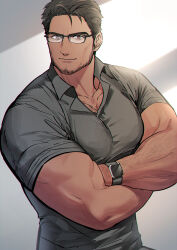 Rule 34 | 1boy, bara, black hair, closed mouth, collared shirt, crossed arms, facial hair, glasses, grey shirt, highres, kowamote (1515 iiotkwkk), large pectorals, looking at viewer, male focus, muscular, muscular male, original, pectorals, shirt, short hair, simple background, smile, solo, upper body, watch, wristwatch