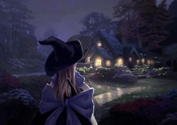Rule 34 | 1girl, black hat, blonde hair, bow, building, canzhajiang, commentary request, flower, from behind, hat, highres, house, kirisame marisa, night, outdoors, parody, puffy short sleeves, puffy sleeves, scenery, short sleeves, smoke, solo, stream, style parody, touhou, tree, water wheel, witch hat