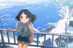 Rule 34 | 1girl, against railing, bag, black hair, blue eyes, blurry, denim, denim shorts, depth of field, hakuto 173, house, inami hatoko, leaning, leaning back, looking at viewer, looking up, neck ribbon, ocean, original, railing, ribbon, road, scenery, short hair, shorts, shoulder bag, smile, solo, street, tunnel, utility pole, water, wind