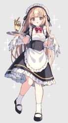 Rule 34 | 1girl, :o, absurdres, apron, black dress, black footwear, blush, commentary request, dress, fork, frilled apron, frilled dress, frills, full body, grey background, hair ornament, highres, holding, holding fork, holding tray, light brown hair, long hair, looking at viewer, maid, maid headdress, mary janes, original, parfait, puffy short sleeves, puffy sleeves, red eyes, shoes, short sleeves, simple background, socks, solo, sparkle, tray, waist apron, white socks, white wrist cuffs, wrist cuffs, x hair ornament, zoirun