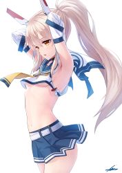 Rule 34 | 1girl, armpits, arms behind head, ass, ayanami (azur lane), azur lane, belt, blue sailor collar, blue skirt, breasts, crop top, crop top overhang, detached sleeves, from side, headgear, highres, long hair, long sleeves, looking to the side, medium breasts, midriff, navel, neckerchief, open mouth, platinum blonde hair, pleated skirt, ponytail, retrofit (azur lane), sailor collar, shirt, sidelocks, signature, simple background, sion (9117), skirt, solo, standing, tied shirt, underboob, white background, white belt, wide sleeves, yellow eyes, yellow neckerchief