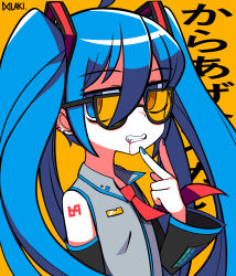 Rule 34 | 1girl, absurdres, text background, bare shoulders, black-framed eyewear, black sleeves, blood, blood from mouth, blue eyes, blue hair, blue nails, clenched hand, collared shirt, commentary, detached sleeves, fangs, grey shirt, hair between eyes, hair ornament, hatsune miku, highres, lakilolom, long hair, long sleeves, looking at viewer, nail polish, necktie, orange-tinted eyewear, orange background, red necktie, shirt, signature, simple background, sleeveless, sleeveless shirt, solo, sunglasses, tinted eyewear, translation request, twintails, upper body, very long hair, vocaloid, wide sleeves