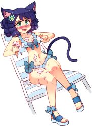 Rule 34 | 1girl, animal ears, bikini, blue bow, blush, bow, breasts, cat ears, cat girl, cat tail, chair, commentary, cyan (show by rock!!), fang, flower, food, full body, green eyes, hair flower, hair ornament, ice cream, ice cream cone, knees together feet apart, looking at viewer, lounge chair, medium breasts, medium hair, nose blush, open mouth, purple hair, ringlets, rtil, sandals, show by rock!!, simple background, sitting, solo, spill, swimsuit, tail, wavy mouth, white background