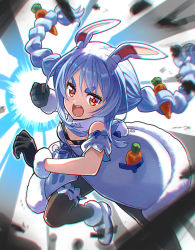 Rule 34 | 1girl, animal ear fluff, animal ears, black gloves, black pantyhose, blue hair, braid, bridal garter, carrot, carrot hair ornament, commentary request, detached sleeves, don-chan (usada pekora), dress, floating hair, food-themed hair ornament, full body, fur scarf, gloves, hair ornament, highres, hololive, incoming attack, long hair, looking at viewer, mary janes, open mouth, pantyhose, rabbit-shaped pupils, rabbit ears, rabbit girl, rabbit tail, red eyes, sakino shingetsu, shoes, short sleeves, solo, strapless, strapless dress, symbol-shaped pupils, thick eyebrows, twin braids, twintails, usada pekora, usada pekora (1st costume), v-shaped eyebrows, virtual youtuber, white dress, white footwear