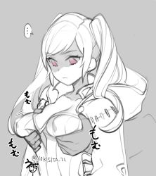 Rule 34 | 1boy, 1girl, cape, dark persona, fire emblem, fire emblem awakening, fire emblem heroes, gloves, grabbing, grabbing another&#039;s breast, greyscale, grima (fire emblem), hood, kiran (fire emblem), kiran (male) (fire emblem), long hair, monochrome, negiwo, nintendo, red eyes, robe, robin (female) (fire emblem), robin (fire emblem), robin (male) (fire emblem), shaded face, simple background, swept bangs, twintails, white hair