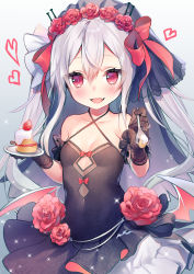 Rule 34 | 1girl, :d, asagi yuna, azur lane, black dress, black gloves, blush, breasts, cake, cleavage, criss-cross halter, dress, fang, flower, food, fruit, gloves, gradient background, hair between eyes, halterneck, heart, highres, long hair, looking at viewer, open mouth, pink eyes, silver hair, simple background, small breasts, smile, solo, strawberry, vampire (azur lane), vampire (eloi&#039;s blessing) (azur lane), veil