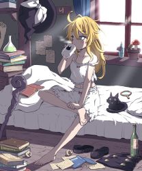 Rule 34 | 1girl, alcohol, alternate costume, animal, barefoot, bed, bed sheet, bedroom, black cat, blonde hair, bloomers, blue eyes, book, book stack, bottle, braid, cat, collarbone, commentary, cup, curtains, drinking, feet, fly agaric, full body, hair between eyes, hat, highres, indoors, inuno rakugaki, kirisame marisa, mary janes, messy hair, midriff, morning, mug, mushroom, nail polish, on bed, pillow, running bond, sake bottle, shoes, unworn shoes, side braid, sitting, soda bottle, soles, solo, strap slip, toes, touhou, underwear, waking up, window, witch hat, wooden floor