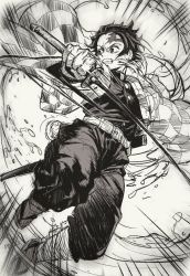 Rule 34 | 1boy, angry, breath, checkered clothes, clenched teeth, demon slayer uniform, earrings, emphasis lines, haori, holding, holding sword, holding weapon, hydrokinesis, japanese clothes, jewelry, kamado tanjirou, katana, kimetsu no yaiba, leg wrap, long sleeves, looking away, looking back, male focus, monochrome, noodleseokggi, outstretched arm, pants, pants tucked in, sandals, scar, scar on face, scar on forehead, short hair, solo, sword, tabi, teeth, traditional media, unsheathed, water, weapon, zouri