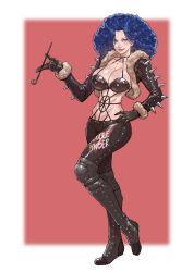 Rule 34 | 1girl, absurdres, black gloves, black jacket, black pants, blue hair, breasts, cirenk, closed mouth, collarbone, curly hair, full body, gloves, green eyes, highres, holding, holding smoking pipe, jacket, large breasts, leather, leather gloves, leather jacket, leather pants, long hair, looking at viewer, one piece, open clothes, open jacket, out of frame, pants, paula (one piece), smile, smoking pipe, spiked jacket, standing