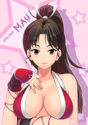 Rule 34 | 1girl, bare shoulders, black hair, blush, breast hold, breasts, brown eyes, brown hair, character name, collarbone, fatal fury, female focus, hand on own chest, japanese clothes, large breasts, lips, long hair, looking at viewer, neck, ponytail, revealing clothes, shiranui mai, smile, solo, takejun, upper body