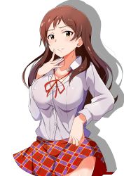 Rule 34 | 1girl, absurdres, blush, breasts, brown eyes, brown hair, cleavage, clothes lift, highres, idolmaster, idolmaster million live!, j yak47, kitazawa shiho, large breasts, lifted by self, long hair, looking at viewer, parted lips, school uniform, shadow, skirt, skirt lift, smile, solo, white background