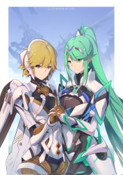 Rule 34 | 2girls, armor, blonde hair, blue eyes, breasts, chest jewel, cyborg, earrings, fiora (xenoblade), gloves, green eyes, green hair, hair ornament, headpiece, highres, holding, jewelry, large breasts, linzi, long hair, looking at viewer, mecha-fiora, medium breasts, multiple girls, nintendo, pneuma (xenoblade), ponytail, short hair, simple background, smile, swept bangs, thighhighs, tiara, very long hair, weapon, xenoblade chronicles (series), xenoblade chronicles 1, xenoblade chronicles 2