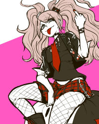 Rule 34 | alternate costume, ass, bear hair ornament, black choker, blonde hair, boots, breasts, calf boots, chain, choker, collar, commission, commissioner upload, danganronpa: trigger happy havoc, danganronpa (series), denim, denim jacket, enoshima junko, fishnet pantyhose, fishnets, flipping the bird, full body, grey eyes, hair ornament, highres, jacket, junkoexe, large breasts, leather, leather boots, middle finger, nail polish, pantyhose, plaid, plaid skirt, punk, red nails, shirt, simple background, skirt, spiked jacket, studded choker, studded collar, t-shirt, thighs, thong, tongue, tongue out, torn clothes, wallet chain, wristband