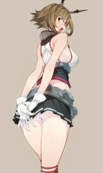 Rule 34 | 10s, 1girl, amami amayu, bare shoulders, blush, breasts, brown hair, gloves, green eyes, headgear, jpeg artifacts, kantai collection, looking at viewer, mutsu (kancolle), open mouth, panties, pantyshot, personification, short hair, simple background, skirt, solo, thighhighs, underwear, upskirt, white panties