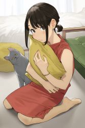 Rule 34 | 1girl, animal, blush, bracelet, brown eyes, brown hair, cat, closed mouth, commentary request, douki-chan (douki-chan), dress, earrings, fingernails, ganbare douki-chan, highres, holding, holding pillow, indoors, jewelry, looking at viewer, pantyhose, pillow, red dress, short hair, sitting, sleeveless, sleeveless dress, solo, wariza, yomu (sgt epper)